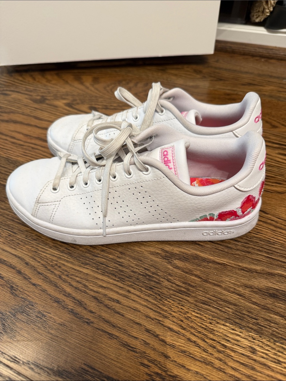 adidas White Sneakers with Pink Floral Embroidery